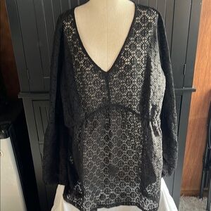Black Lace V-Neck Swim Cover Up 1X